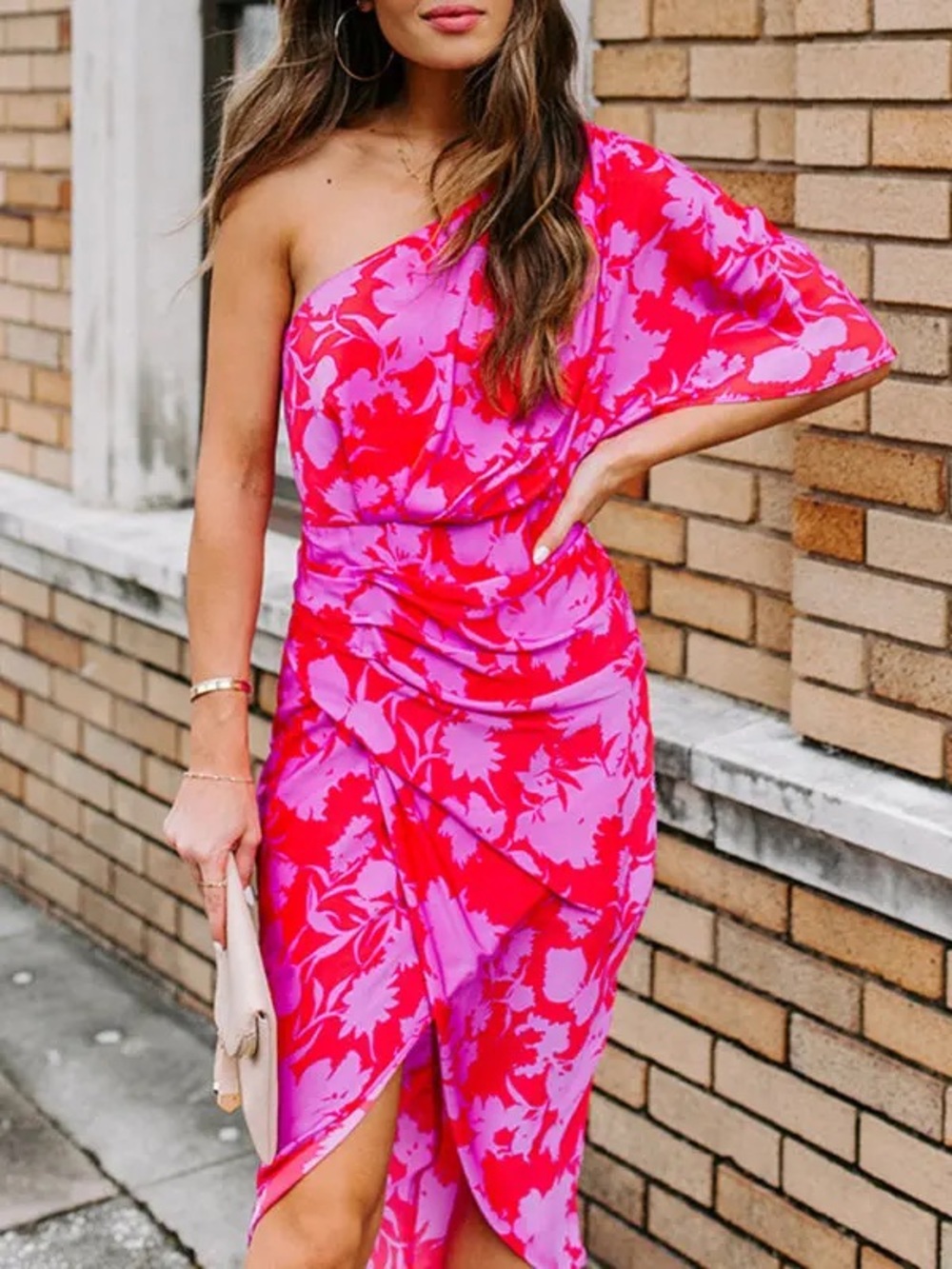 NEW Do + Be Women’s One-Shoulder Fuschia & Red Floral Ruched Midi Dress Sz S